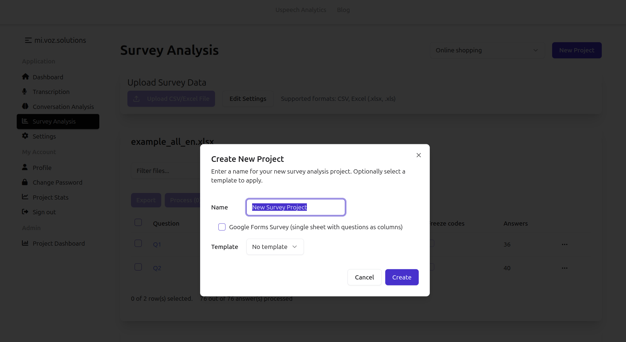 Create new Survey Analysis project