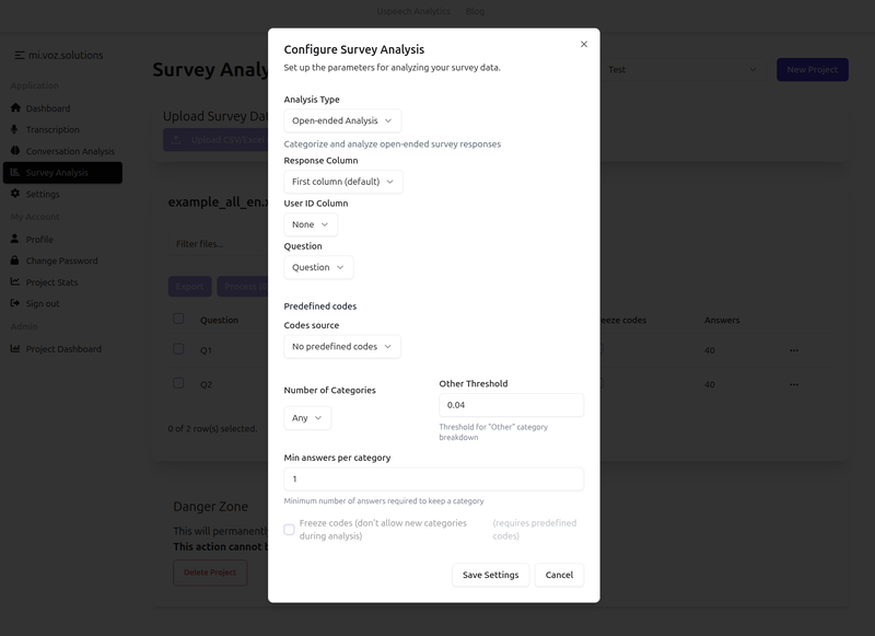 New project settings